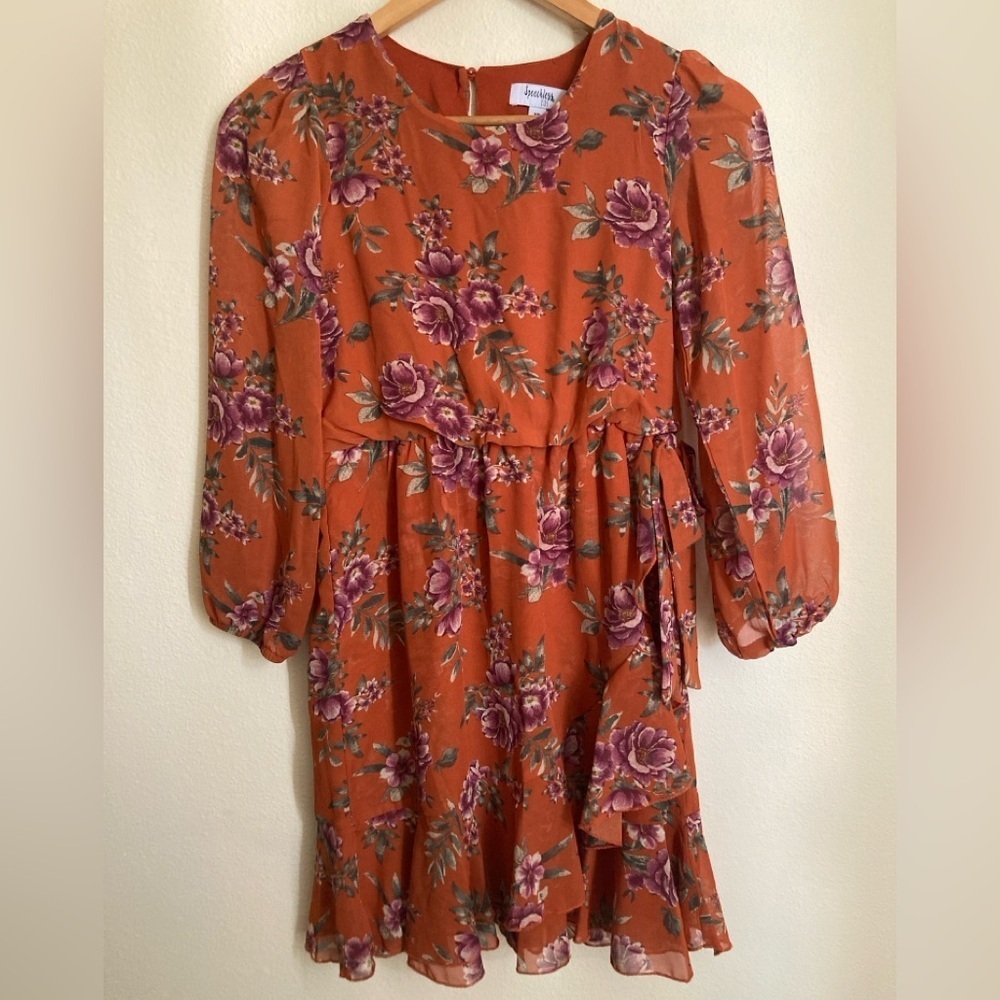 Speechless Floral Chiffon Dress Girls 12 Rust Orange Long Sleeve Lined